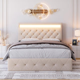 Garvee Queen Size Bed Frame with Charging Station and LED Lights, Upholstered Bed Frame with Adjustable Headboard, Heavy Duty Wood Slats, No Box Spring Needed, Easy Assembly, Beige - Beige