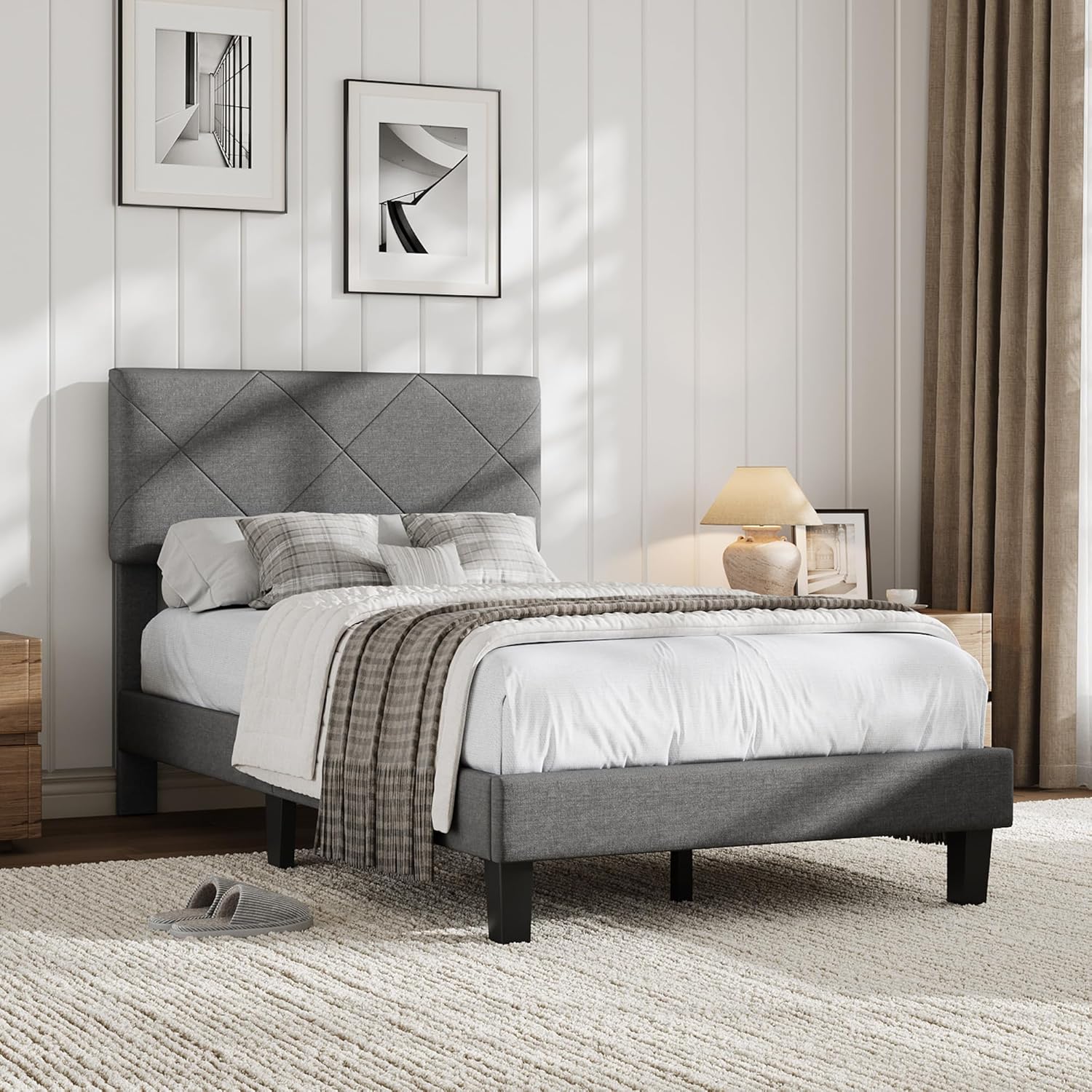 Garvee Twin Size Bed Frame with Upholstered Headboard, Twin Size Platform Bed Frame with Wooden Slat Support, Easy Assembly Platform Bed, No Box Spring Needed & Noise Free, Gray