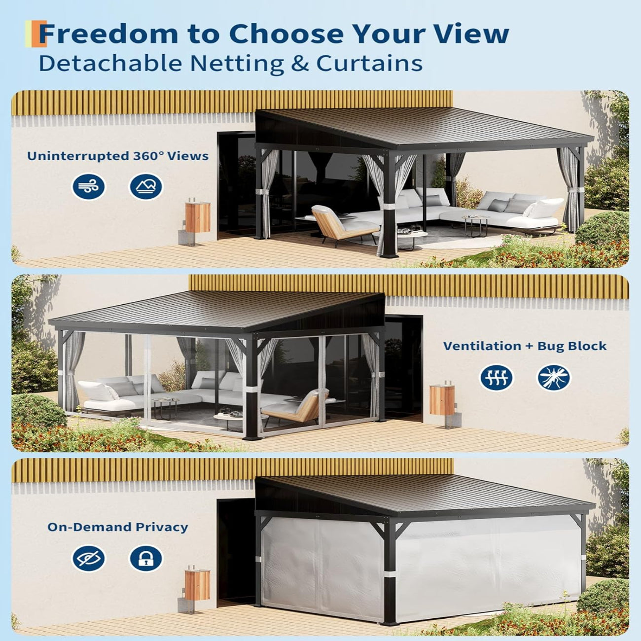 Garvee 10'x14' Wall-Mounted Lean-To Gazebo with Galvanized Steel Roof, Gutters, Sliding Netting & Curtains, Rust-Resistant Frame, UV Protection, Patio & Garden