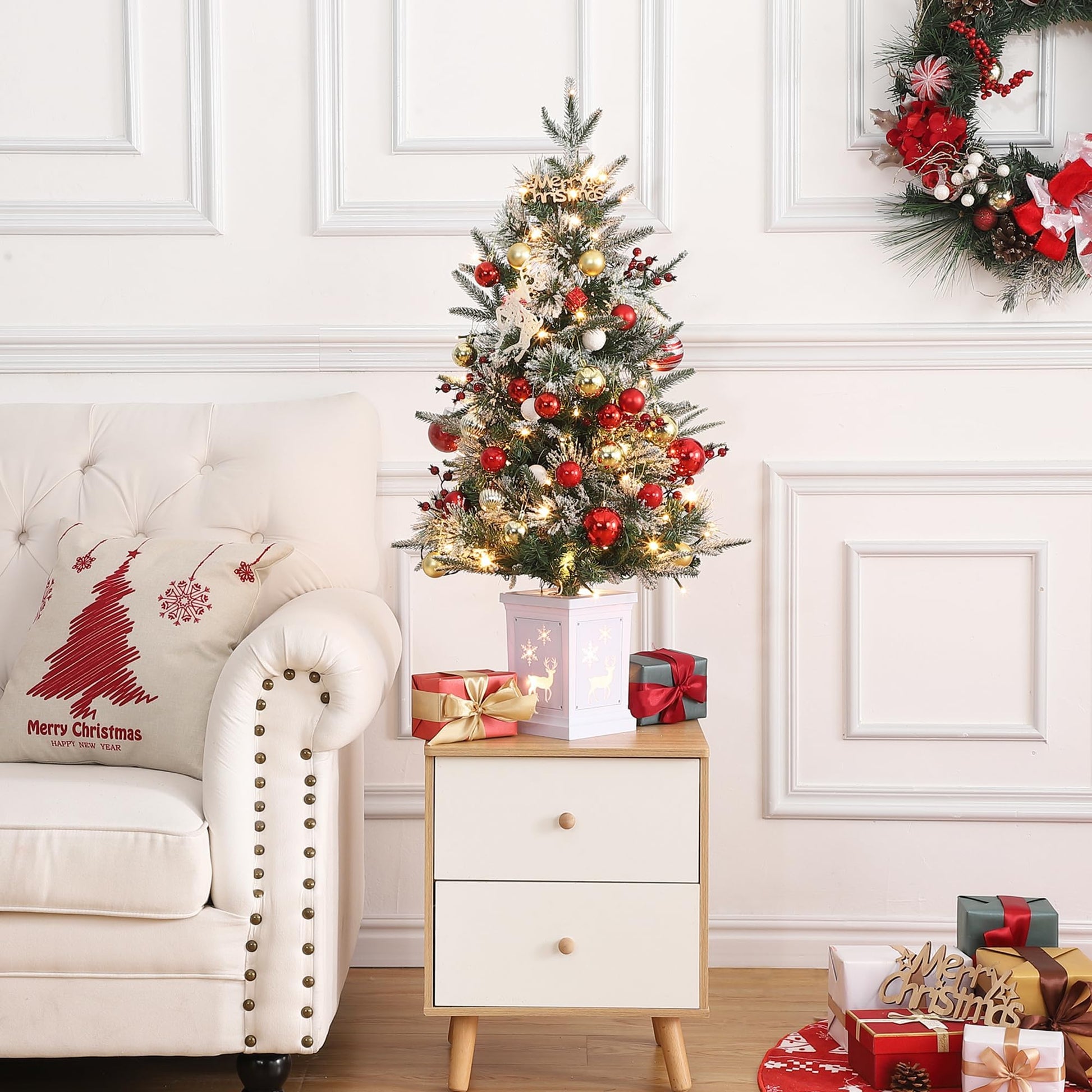 Garvee 4.5ft Christmas Tree, Pre-lit Christmas Tree with Lighting Elk Base and Red Berries, Artificial Christmas Tree with 108 LED Lights, Snow Flocked Branches Xmas Tree for Porch, Entryway