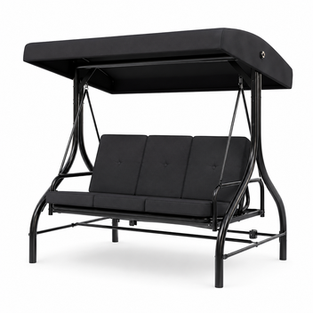 Garvee 3-Seat Patio Swing Chair with Adjustable UV Canopy, 800 lb Heavy-Duty Steel Frame, 180° Reclining Outdoor Swing Bed with Cup Holder Trays, Black