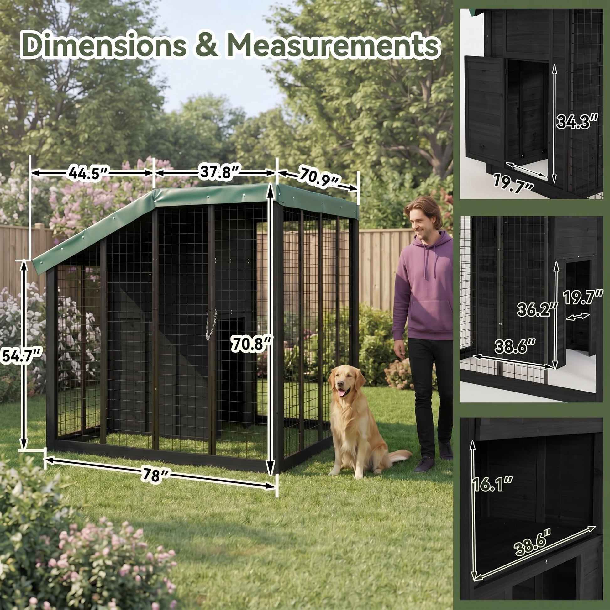Garvee Large Outdoor Cedar Wood Dog House, Weatherproof Dog Kennel with Roof, Rear Door, Secure Lock & Built-in Storage Outdoor Safe Pet Shelter for Medium to Large Dogs, Black