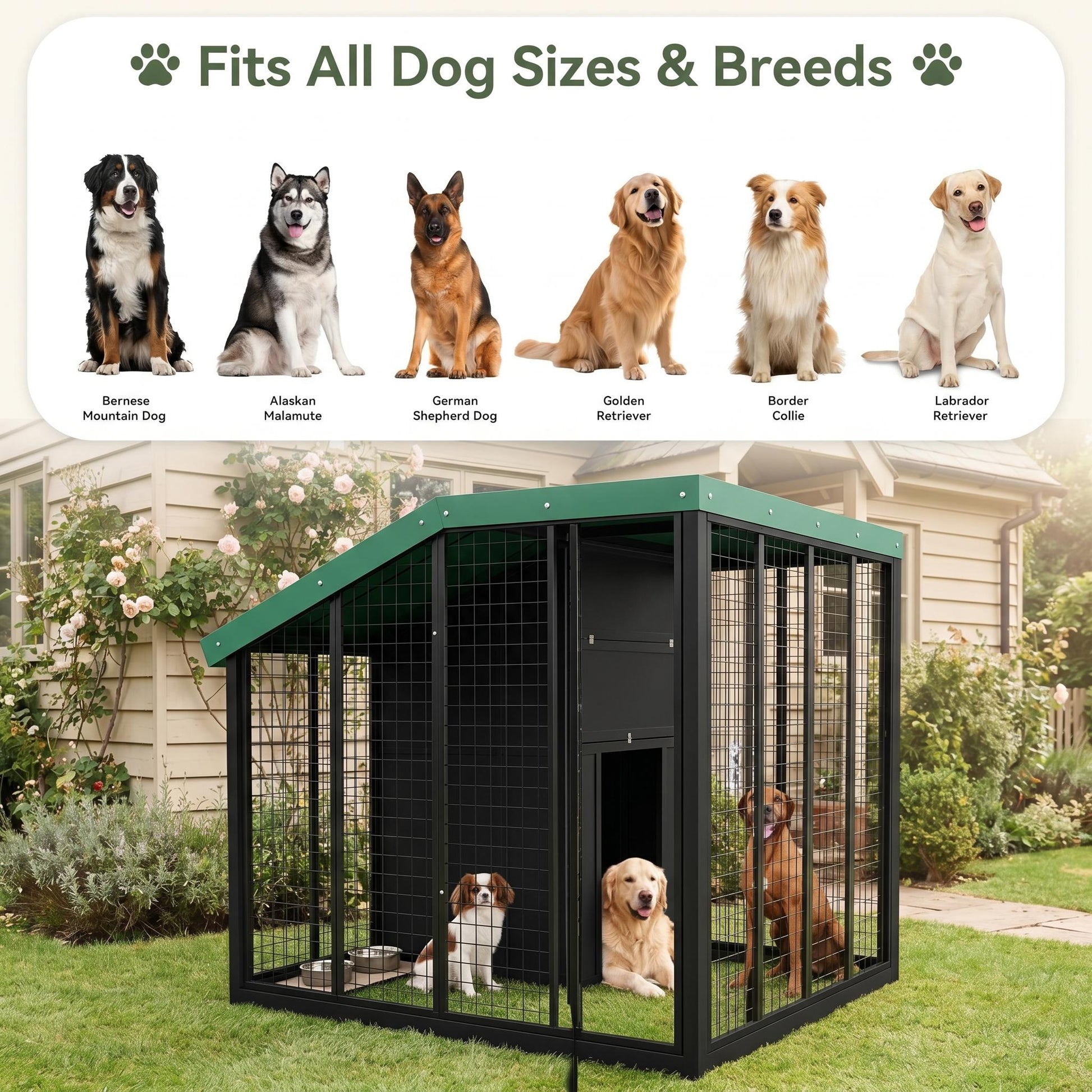 Garvee Large Outdoor Cedar Wood Dog House, Weatherproof Dog Kennel with Roof, Rear Door, Secure Lock & Built-in Storage Outdoor Safe Pet Shelter for Medium to Large Dogs, Black
