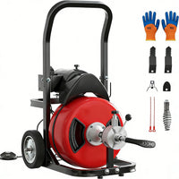Garvee Drain Cleaner Machine 100FT x 3/8 Inch Steel Core Cable Portable 370W Electric Drain Cleaning Machine With Sewer Auger Cutter Air-Activated Foot Switch Wheels For Commercial Home