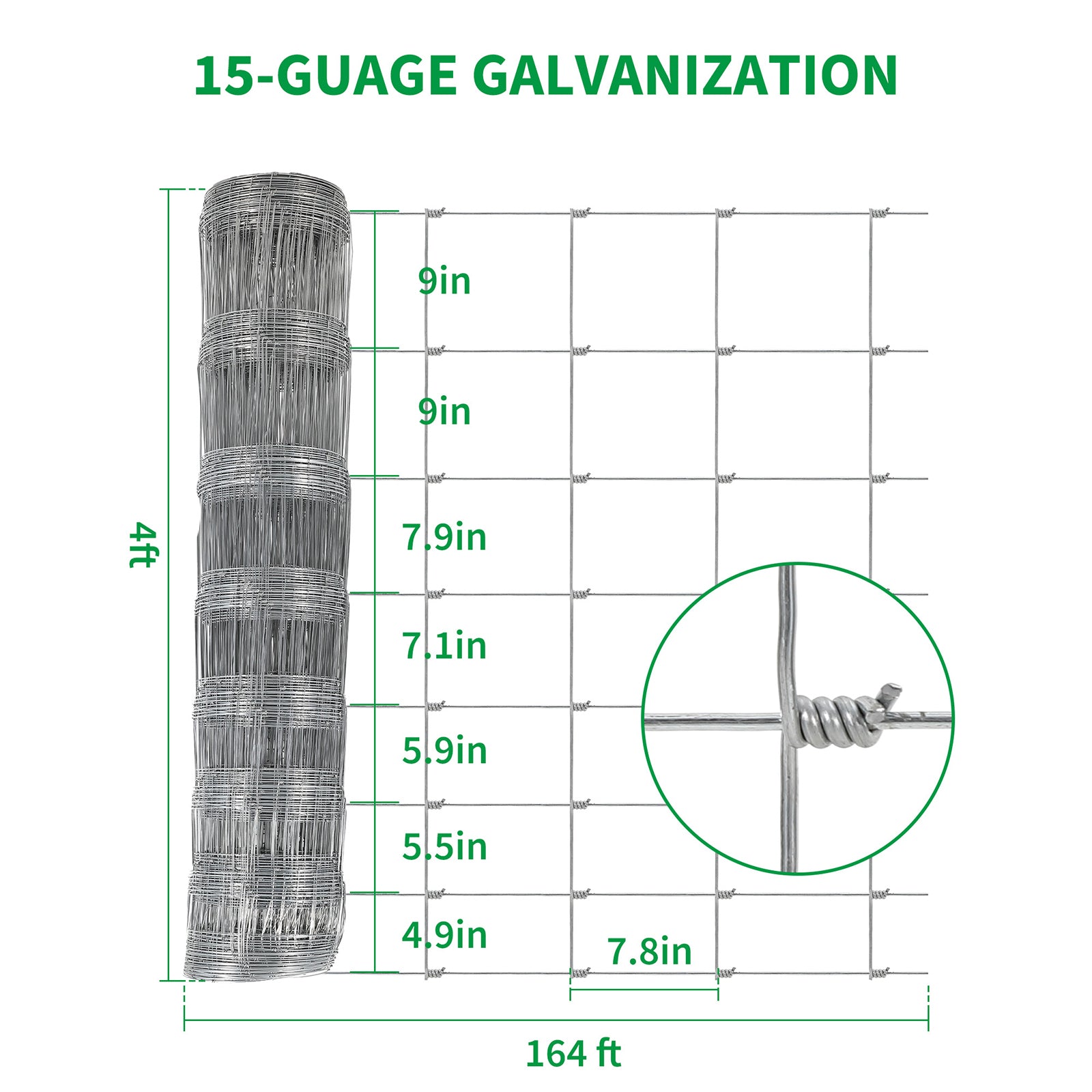 Garvee Cattle Farm Fence 4x164ft Galvanized 12-Gauge Wire Durable Woven Hinge Knot Multi-Animal Livestock Fence Farm & Field Use