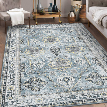 Garvee Washable Rugs 8 x 10 Rug for Living Room Boho Vintage Area Rug for Bedroom Indoor Floral Bohemian Oriental Large Rug Soft Non Shedding Stain Resistant Carpet for Dining Room 8'x10' Blue
