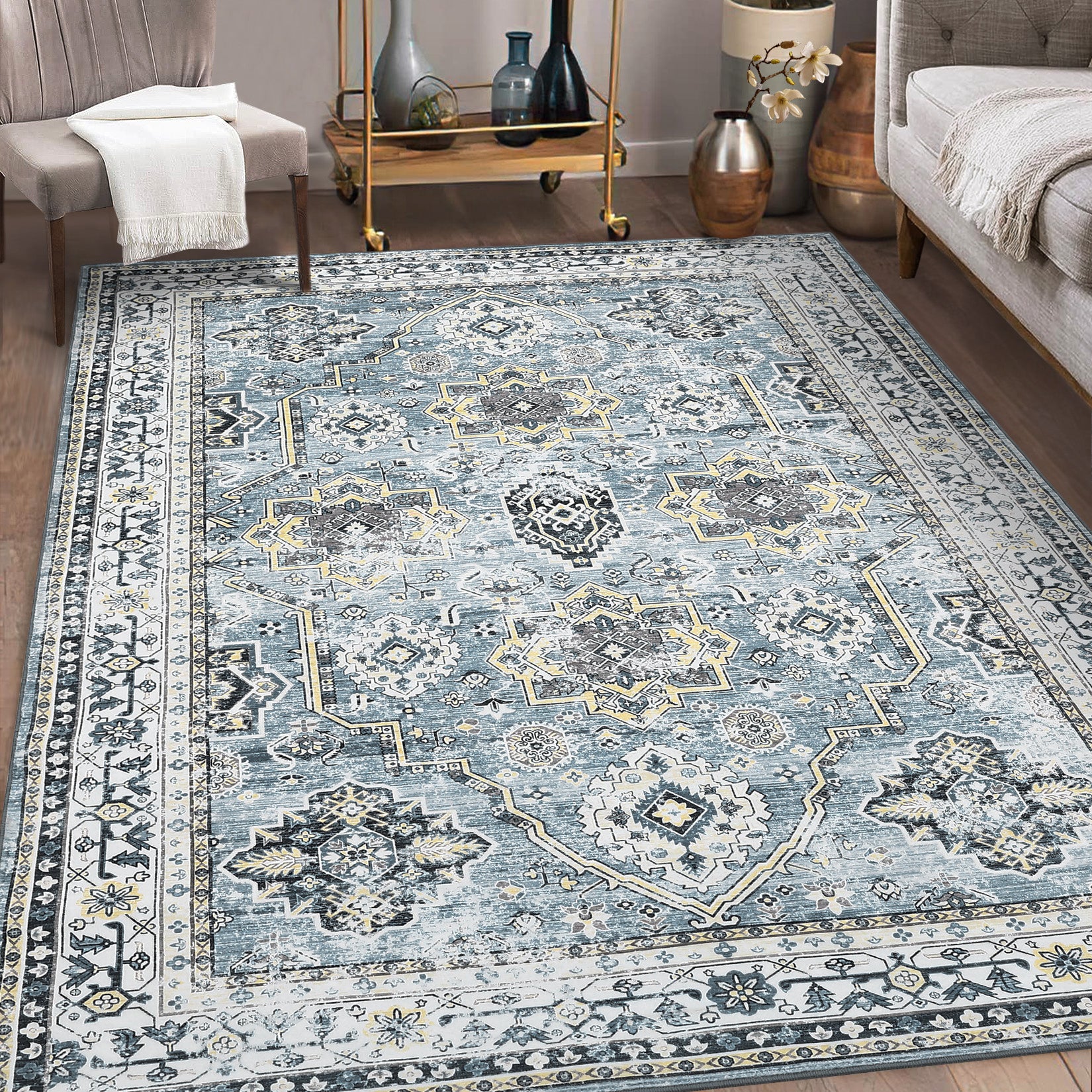 Garvee Blue 9x12 Washable Rugs for Living Room Boho Vintage Rug Non Slip Large Area Rug Soft Non Shedding Throw Rugs Stain Resistant Carpet for Bedroom Office Dining Room Nursery
