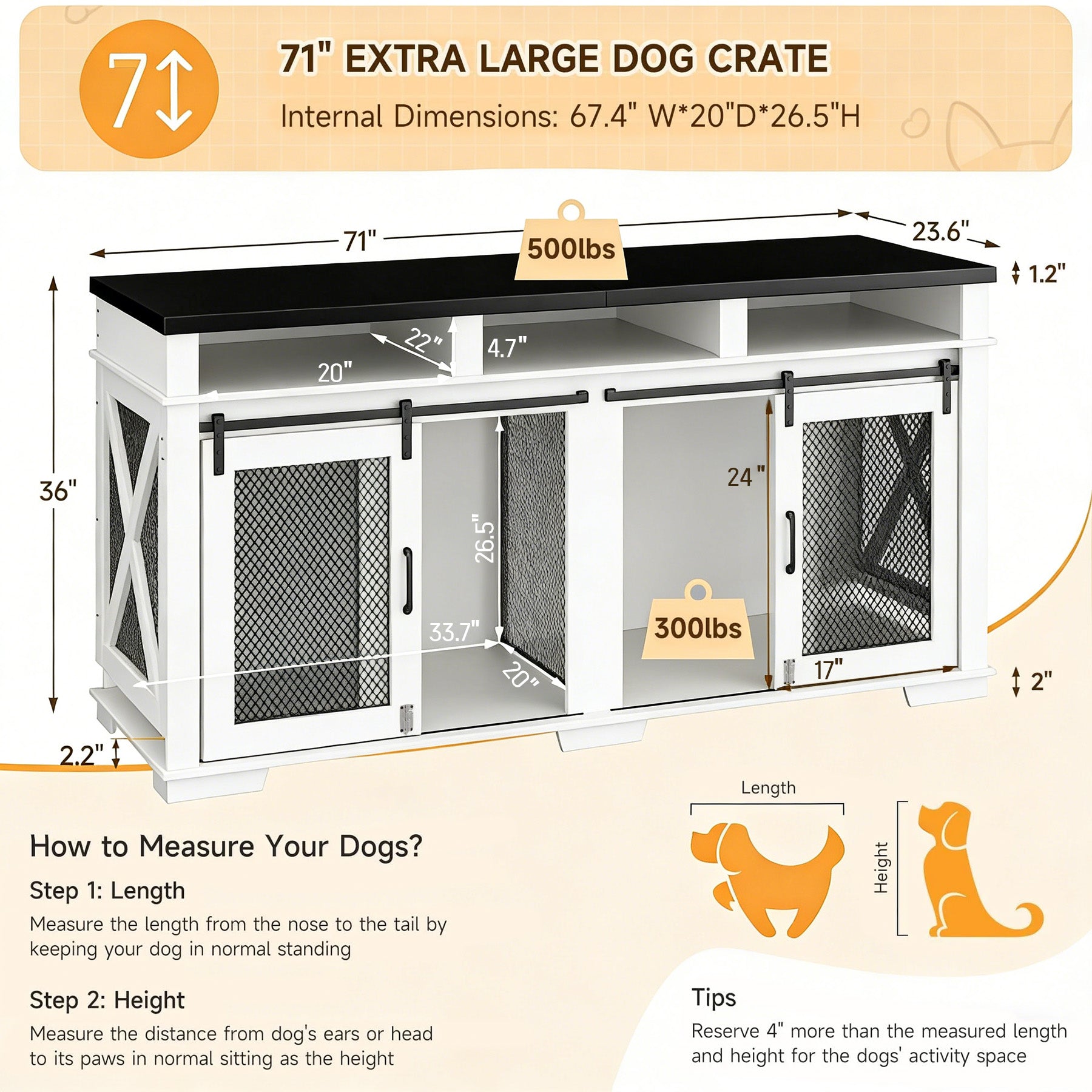 Garvee Dual-Panel Dog Crate Furniture, 71" Heavy Duty Dog Kennel Furniture with 3 Storages and Removable Divider, Double Dog Crate Table Indoor TV Stand for Large Medium Dogs, Black&White