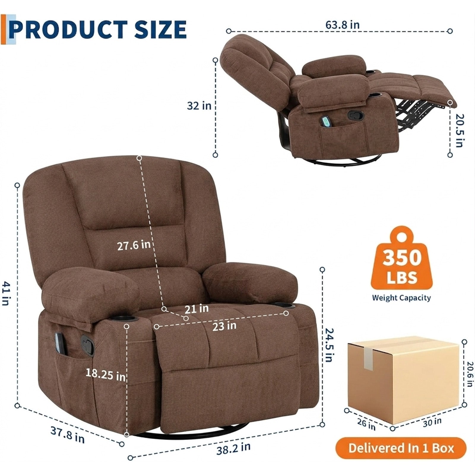 Garvee 360° Swivel Rocker Chair with Cup Holders & Side Pocket, Wide Recliner Chair with Heat and Vibration Massage, Chenille Fabric Manual Recliner Lazy Boy Chair for Adults, Brown