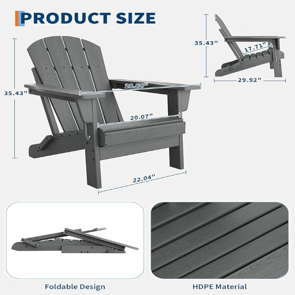 Garvee Folding Adirondack Chairs Set of 4 HDPE Plastic Weather Resistant 380Lbs Capacity Wood Texture Gray for Patio Fire Pit Deck
