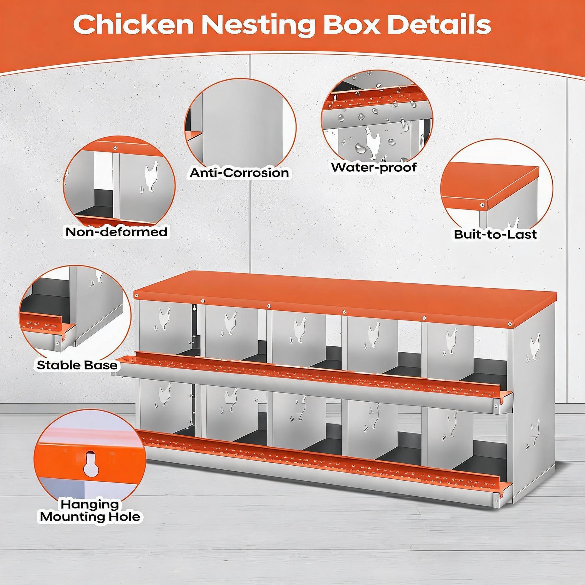 Garvee 10 Compartment Chicken Nesting Box with Egg Roll Tray & Ventilation, Heavy-Duty Galvanized Steel, Easy Assembly & Cleaning, for Backyard Coops