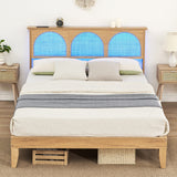 Garvee 12.4" Deluxe Solid Wood Queen Bed Frame with LED Lights & Rattan Headboard, Wooden Legs, Modern, No Box Spring, Easy Assembly - White Oak