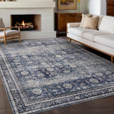 Garvee Oriental Retro Blue 9x12 Large Area Rugs Vintage Floor Carpet with Non-Slip Backing, Machine Washable Oriental Distressed Living Room Rugs, Stain-Resistant Foldable Low Pile Rugs for Office, Bedroom - Retro Blue