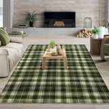 Garvee Plaid Olive Green 8x10 Large Washable Area Rug Modern Distressed Checker Rug Non Slip Non Shedding Floor Carpet, Soft Thin Rug, Low Pile Plaid Rug for Bedroom, Living Room, Office - Olive Green