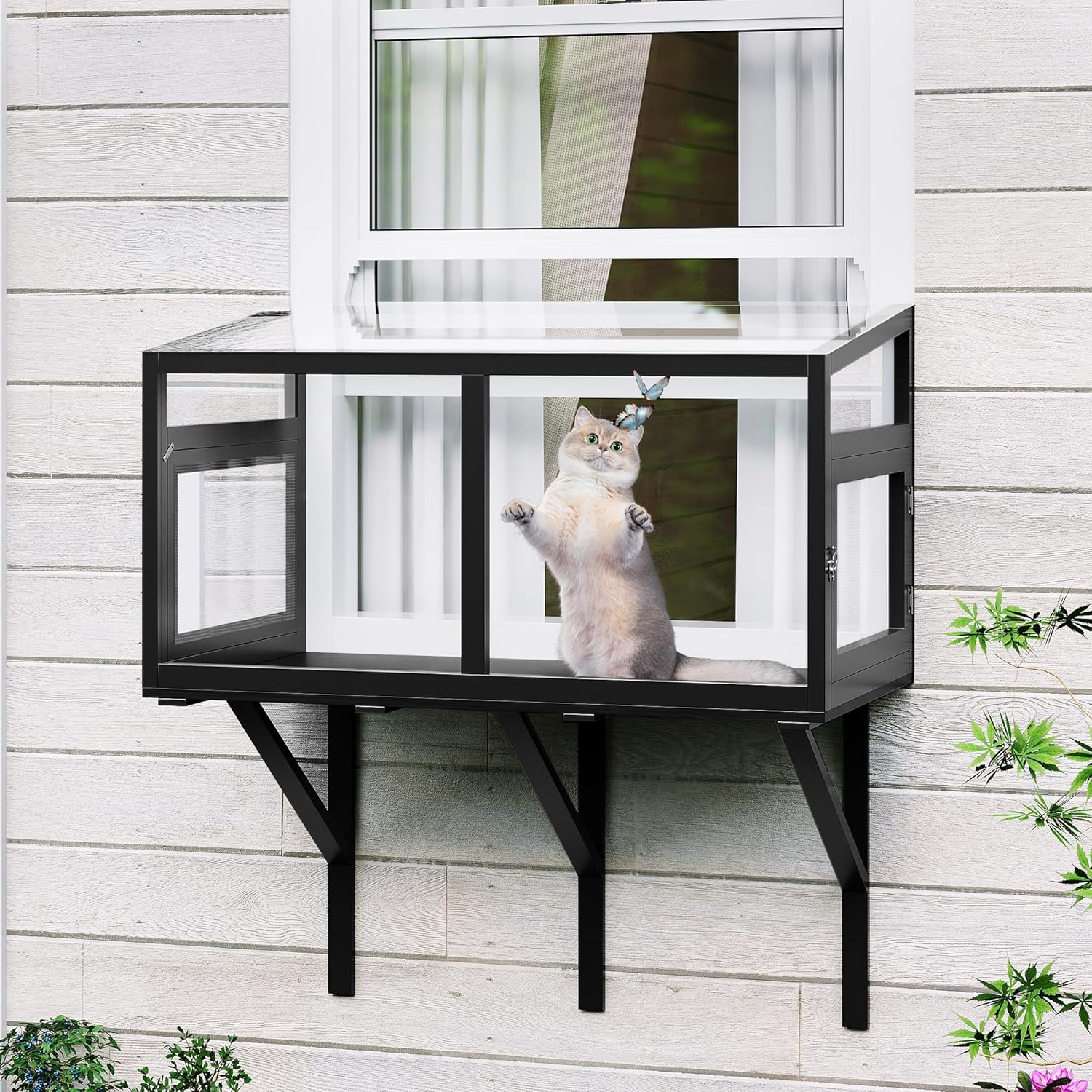 Garvee Cat Window Box Enclosure, Weatherproof Catio Windows Enclosure for Sunbathing, Birdwatching & Napping, Large Cats Window Perch for Sunbathing & Birdwatching