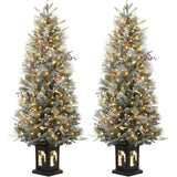 Garvee 4.5ft Pre-Lit Snow Flocked Christmas Tree with 200 LED Lights, Artificial Potted Xmas Tree with 8 Lighting Modes, Faux Berries, Snowman Base, for Holiday Decor, 2 Pack - Snowman-2 Pack