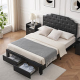 Garvee Queen Bed Frame with Storage Drawers, Upholstered Leather Headboard, Wooden Slats Support, No Box Spring Needed, Easy Assembly, Black - Black
