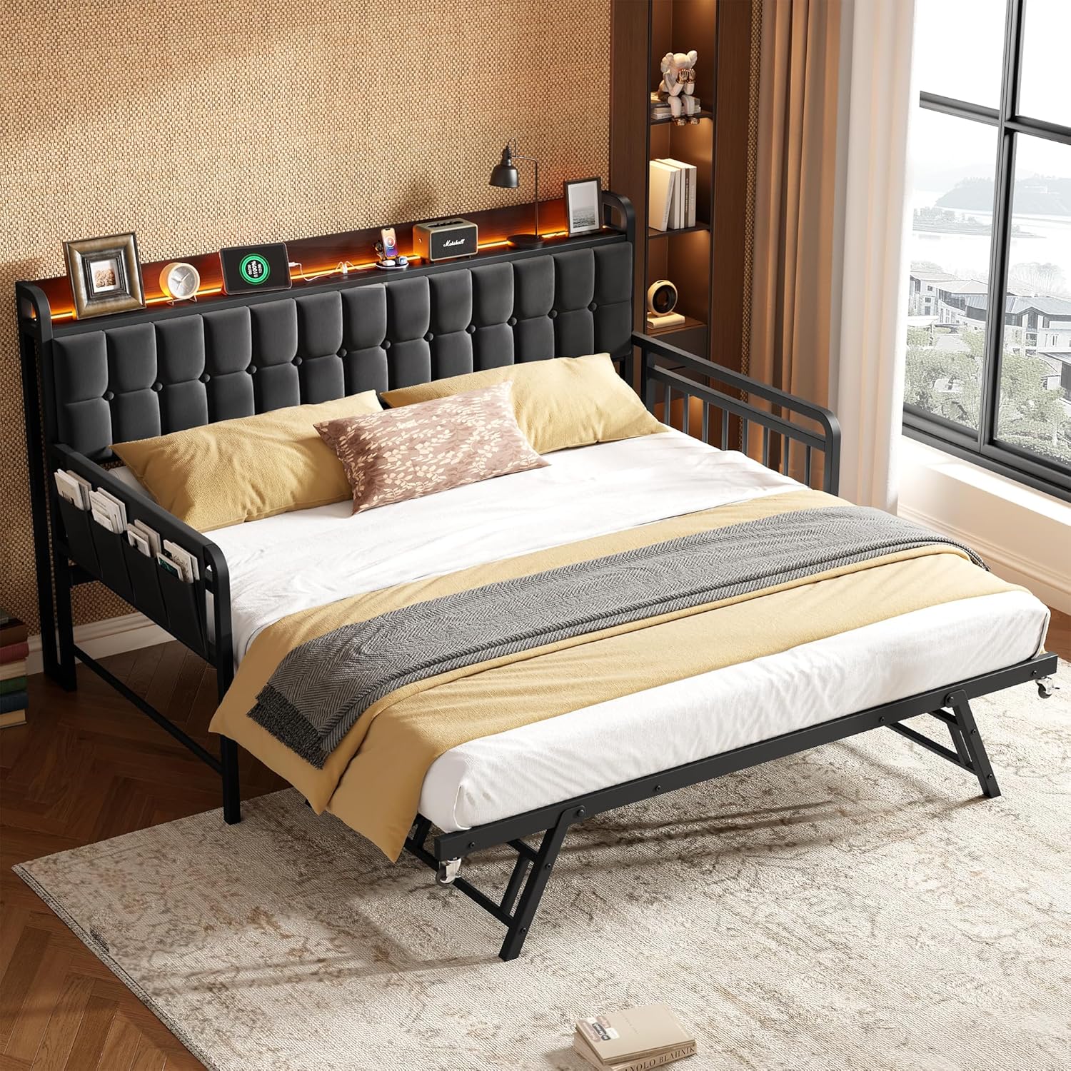 Garvee Daybed with Trundle, Metal Twin Bed Frame with Upholstered Storage Headboard, Charging Station & LED, Sofa Bed with, Side Pockets, Sturdy Supports for Living Room and Bedroom, Black