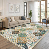 Garvee Floral 5x7 Beige and Taupe Area Rug Moroccan Trellis Machine Washable Rug Vintage Distressed Floral Carpet Stain Resistant Non-Slip Accent Rug Farmhouse Floor Cover for Dining Bedroom Decor - Beige/Taupe