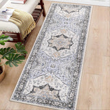 Garvee Vintage Floral Washable Rug 2x6 - Soft Oriental Runner with Non-Slip Backing, Low Pile, Easy Maintenance, Ideal for High Traffic Areas - Gray Blue