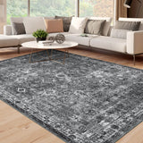 Garvee Washable 10x13 Area Rugs Dark Grey Vintage Floral Boho Non-Slip Foldable Carpet for Living Room Bedroom Dining Room Office - Dark Gray