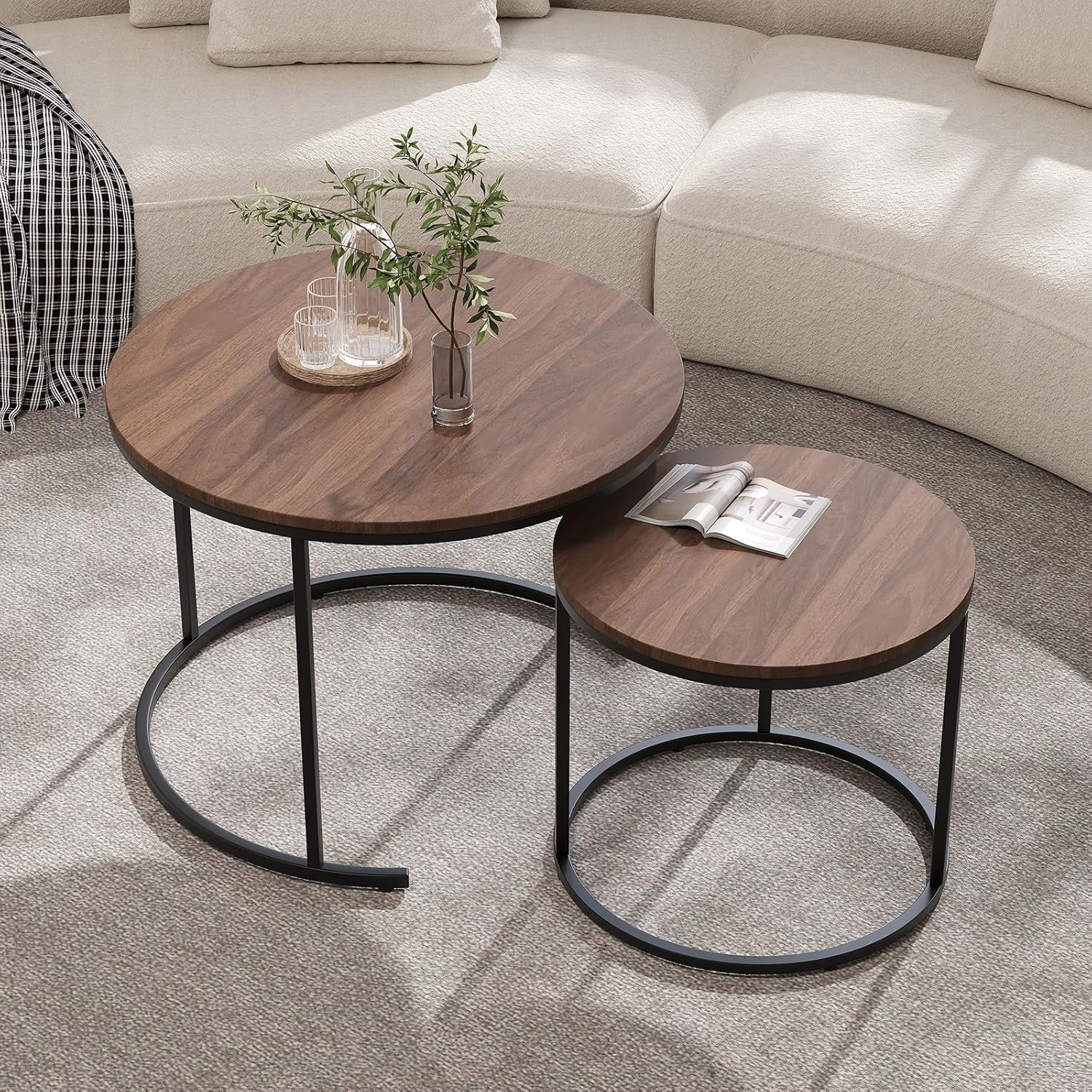 Garvee 23.6/15.7 Inch Round Nesting Coffee Table Set of 2, Round Coffee Table for Living Room, Space Saving Nesting Tables with Faux Marble Top, Metal Frame, Adjustable Feet for Bedroom, Walnut