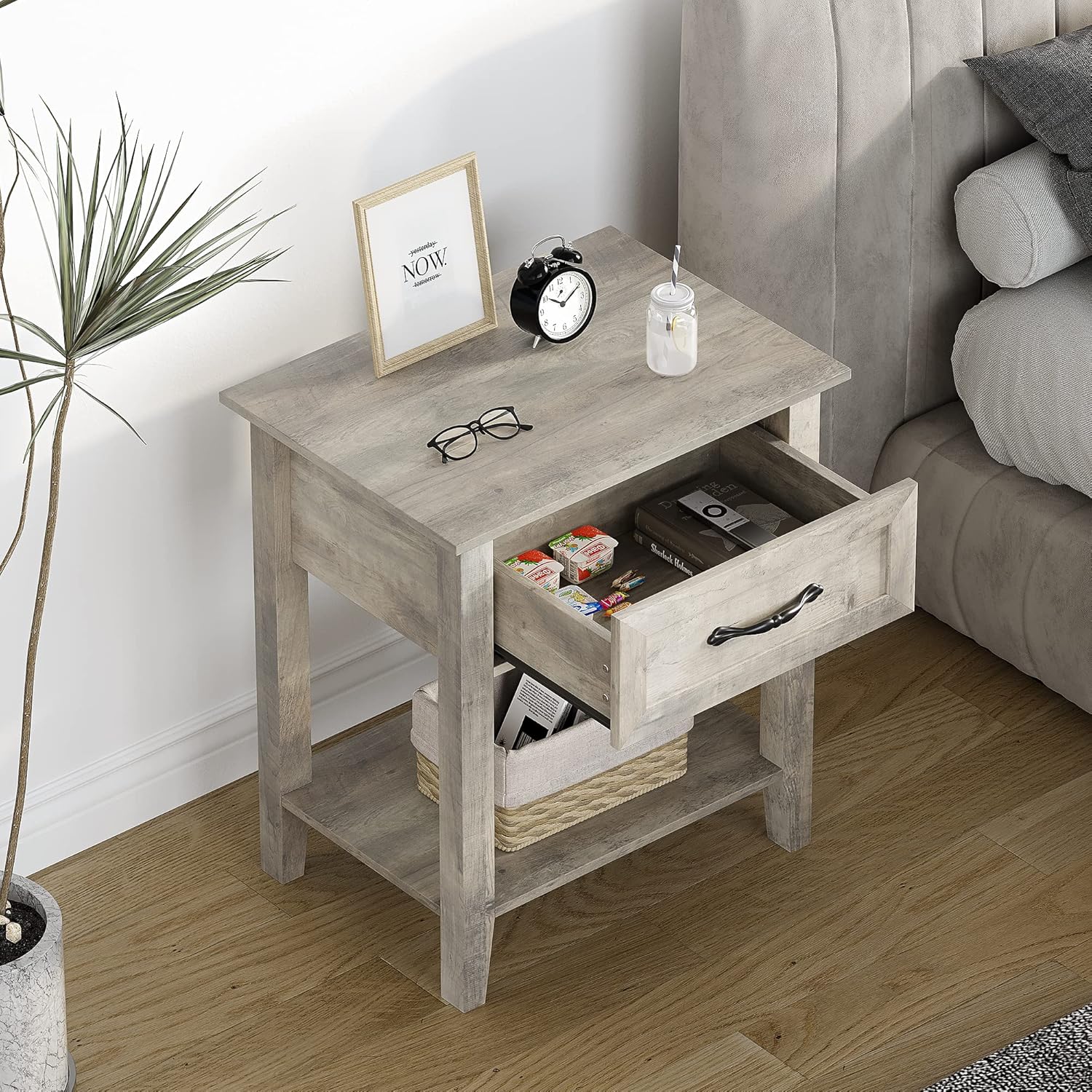 Garvee Square Nightstand, Bedside Table End Table for Bedroom Nursery Living Room, End Table with Storage Drawer, Easy Assembly, 1 PC-Gray