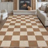 Garvee 9x12 Checkered Indoor Outdoor Rug Washable Non-Slip Easy Jute Patio Living Room Carpet, Coffee - Coffee-Checkerboard-1