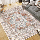 Garvee Washable Area Rug 8x10 Large Living Room Rug Medallion Washable Floral Carpet Vintage Bedroom Rug Distressed Oriental Non-Slip Non-Shedding Floor Carpet for Dining Room Farmhouse Home Office - Orange