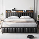 Garvee 2024 New Bed Frame with Storage Headboard, Upholstered Platform Bed, USB Ports & Outlets, Metal Slats Support, Noise Free, No Box Spring Needed, Easy Assembly (Black, Full) - Black
