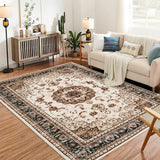 Garvee Washable Vintage Area Rug - 4x6 Traditional Oriental Medallion Floral Design, Stain Resistant Indoor Print Carpet for Entryway Bedroom Living Room Office Kitchen, Kid & Pet Friendly, Beige - Beige