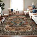 Garvee Persian Brown 4x6 Area Rugs, Machine Washable Vintage Printed Soft Low Pile Rugs, Oriental Accent Carpet with Non-Slip Backing, Stain-Resistant Distressed Floor Carpet for Living Room, Hallway, Laundry - Brown