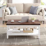 Garvee Farmhouse Coffee Table with 2-Tier Industrial Wood Design, X Metal Frame, Easy Assembly, Rustic Center Table for Living Room - Brown & White