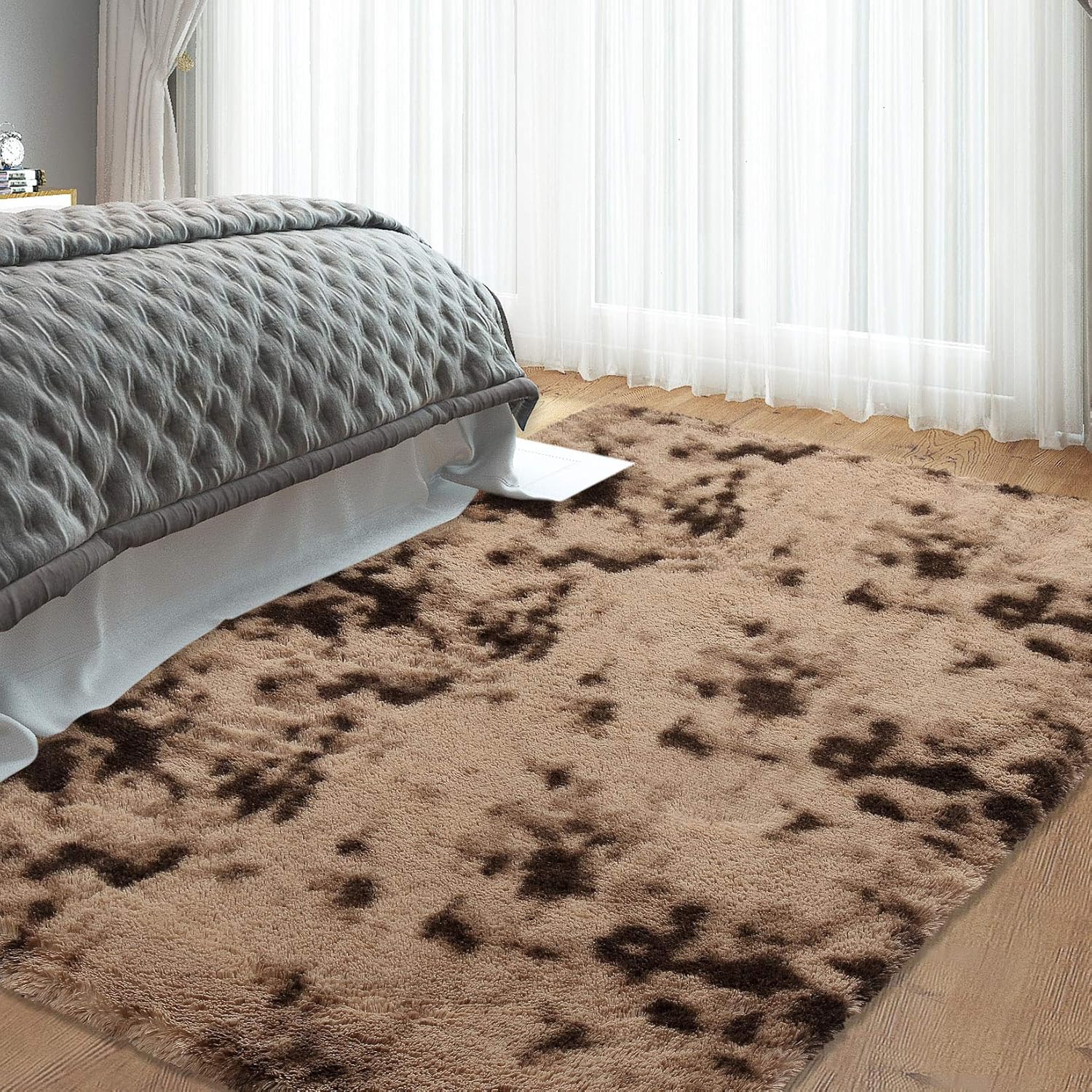 Garvee Fluffy & Sheepskin Brown & Khaki 6x9 Faux Fur Shag Rug, Non-Slip Tie Dye Plush for Bedroom Home Decor Nursery