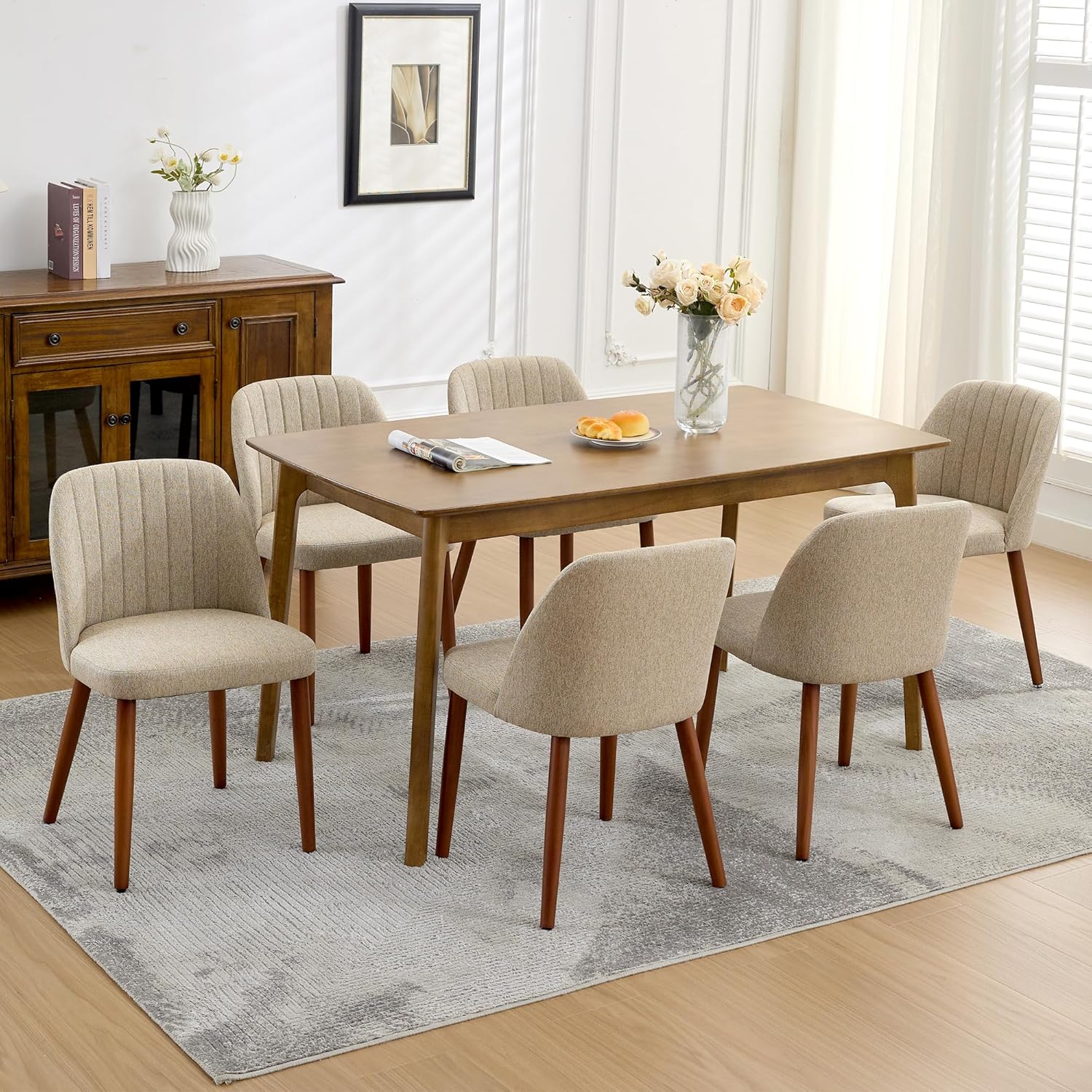 Garvee Set of 6 Mid-Century Modern Fabric Upholstered Dining Chairs with Padded and Solid Wood Legs, Camel
