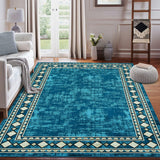 Garvee Bordered Blue-Green 9x12 Area Rug Modern Large Area Rug Machine Washable Rug for Living Room, Stain Resistant Non-Slip Accent Rug Minimalist Border Floor Cover Carpet for Bedroom Decor - Blue-Green