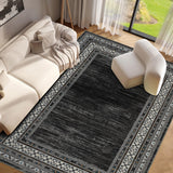 Garvee Dark Gary Washable Bordered Area Rug 8' × 10', Non Slip Low Pile Non Shedding Stain Resistant Rug, Modern Distressed Geometric Rug for Living Room Bedroom Dining Room - Dark Gray