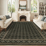 Garvee Washable Living Room Rugs 8x10 Large Modern Bordered Floor Cover Black Non-Slip Trellis Checkered Accent Carpet - Black