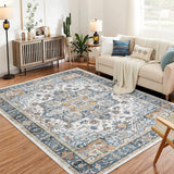 Garvee Cyan 8x10 Area Rug for Living Room, Machine Washable Vintage Rug Carpet for Bedroom Dinning Room, Distressed Area Rug Indoor Non Slip No Pile (Brown Blue, 8 x 10 Feet) - Cyan