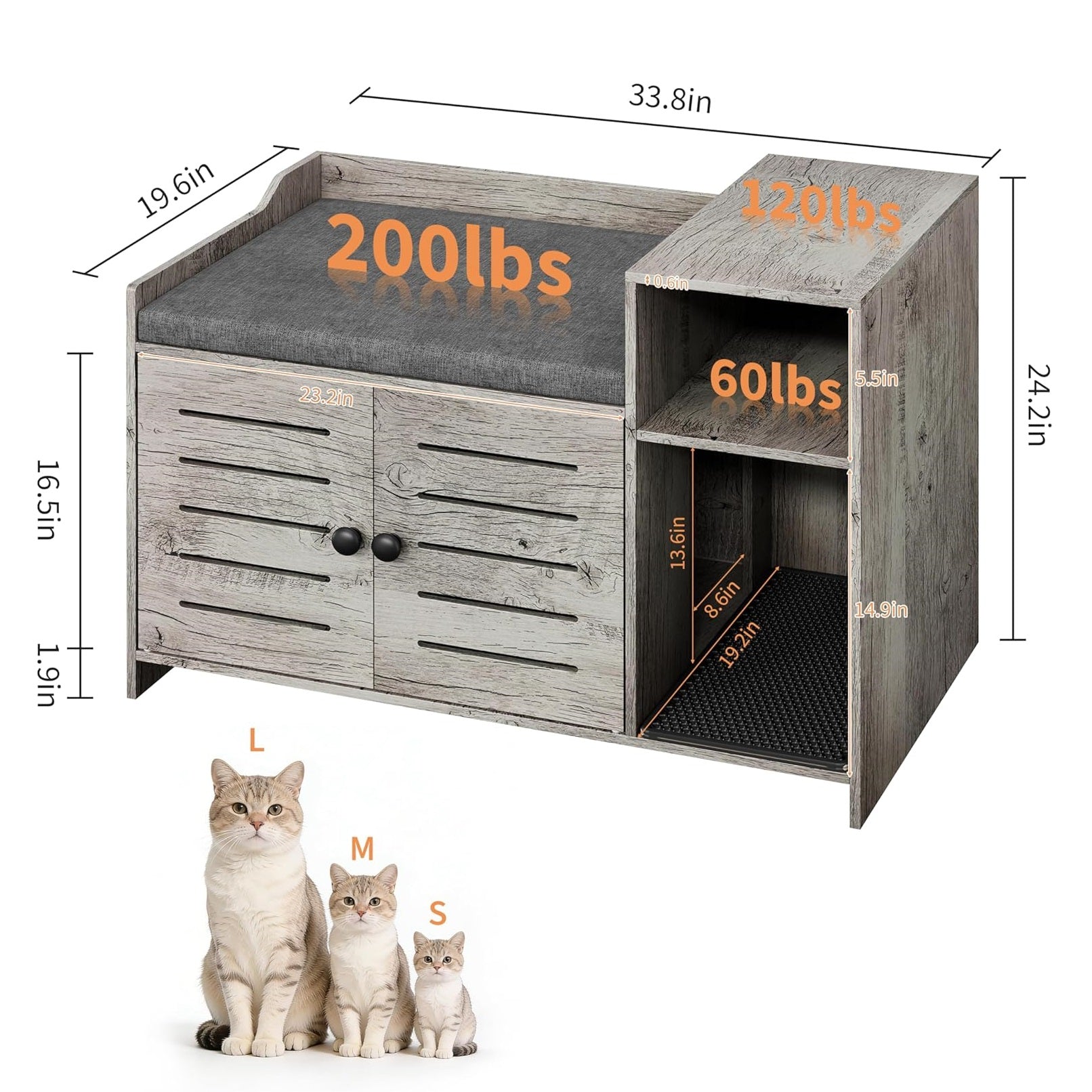 Garvee Cat Litter Box Enclosure, Hidden Litter Box Furniture with Litter Mat & Storage Shelf, Farmhouse Indoor Cat House Cabinet for Hallway, Bedroom, Gray