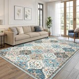 Garvee Floral 5x7 Blue and Taupe Area Rug Moroccan Trellis Machine Washable Rug Vintage Distressed Floral Carpet Stain Resistant Non-Slip Accent Rug Farmhouse Floor Cover for Dining Bedroom Decor - Blue/Taupe