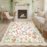 Garvee Washable Scalloped Area Rugs 10x13 Beige Floral Printed Dining Room Carpet, Non-Shedding Low Pile Accent Rug, Farmhouse Snake Indoor Floor Cover - Beige