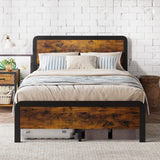 Garvee Full Size Bed Frame with Wood Headboard, Metal Platform, Strong Slats, Safe Rounded Corners, Noise Free, Vintage Brown - Retro Brown