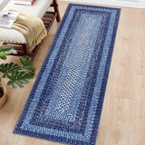 Garvee Navy Boho Kitchen Runner Rug 2x8, Washable Non Slip Low Pile Faux Wool Carpet, Vintage Braided Print Rug for Hallway Entryway Laundry Room - Navy Blue