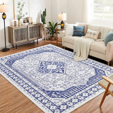Garvee Washable Area Rugs for Living Room, 5x7 Stain Resistant No Slip Large Area Rug, Ultra-Thin Vintage Moroccan Soft Carpet for Bedroom Dining Room, Dark Blue - Blue