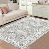Garvee Oriental Grey-Green 5x7 Vintage Distressed Floral Medallion Rug, Washable Non-Slip Stain Resistant Traditional for Living Room - Gray-Green