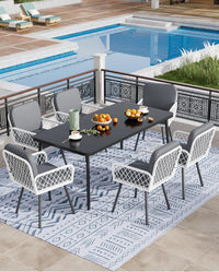 Garvee Patio Dining Chairs Set of 2 With Black Metal Frame & White Hand-Woven Rattan, Porch Armchairs With Cushion for Indoor, Garden, Balcony, Deck, Backyard