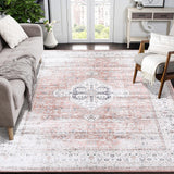 Garvee Washable Rug 8x10 Ultra-Thin Area Rug Vintage Rug with Non Slip Backing Stain Resistant Rugs for Living Room Bedroom Low Pile Distressed Rug, Light Orange - Orange