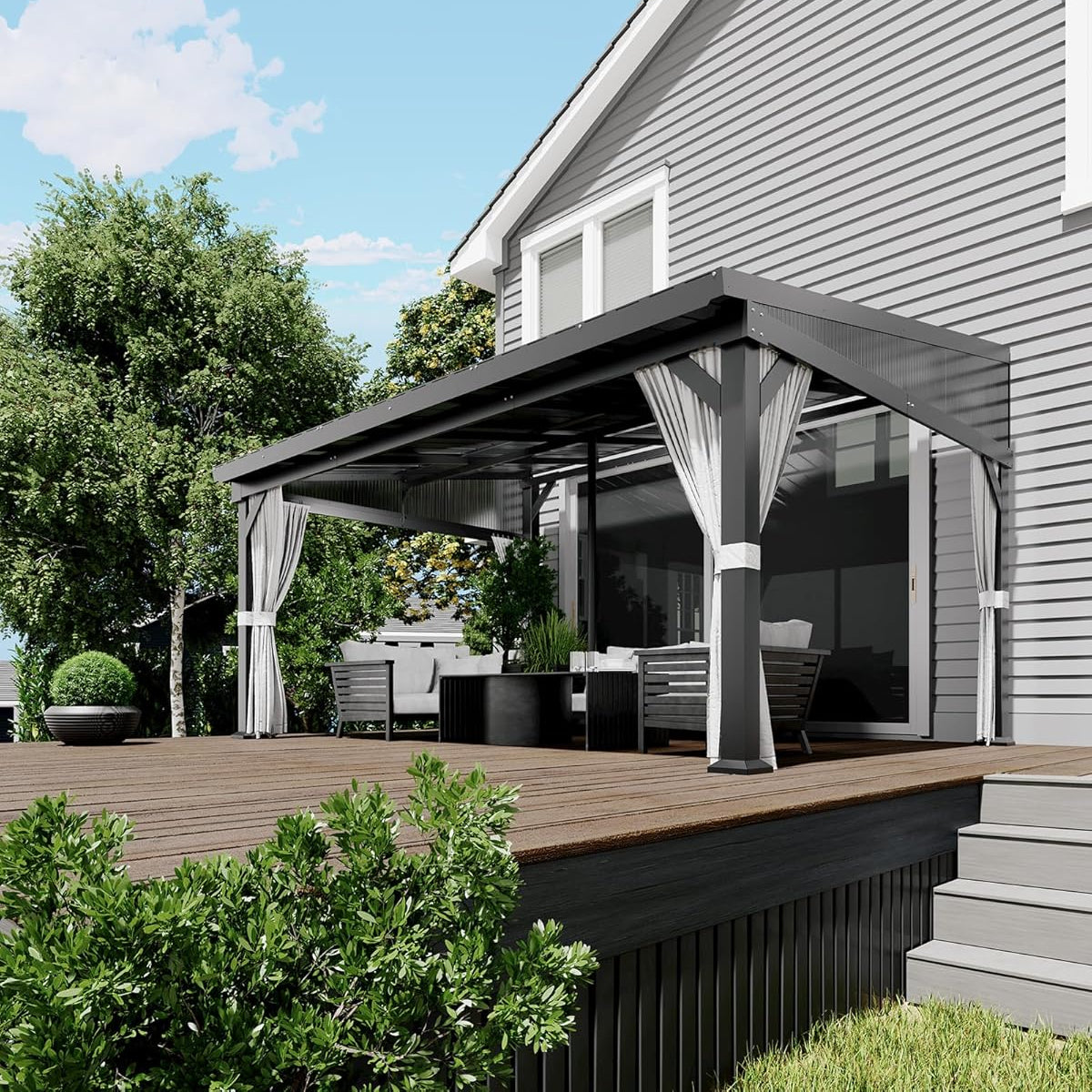 Garvee 10'x14' Wall-Mounted Lean-To Gazebo with Galvanized Steel Roof, Gutters, Sliding Netting & Curtains, Rust-Resistant Frame, UV Protection, Patio & Garden