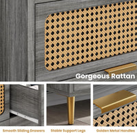 Garvee 6 Drawer Rattan Dresser, Narrow Wicker Chest of Drawer with Railed Edge, Metal Legs, Gold Handles, Farmhouse Wooden Storage Dresser for Bedroom, Living Room